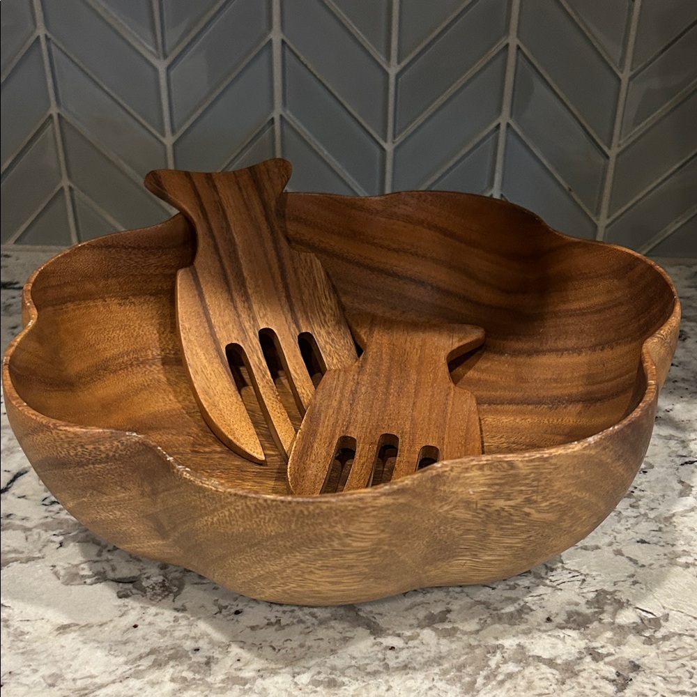Wooden Salad Bowl with Utensils